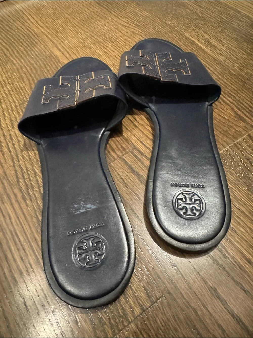 Tory Burch Double-T Sport Slide Sandal Navy Gold 10 Summer Designer Luxury